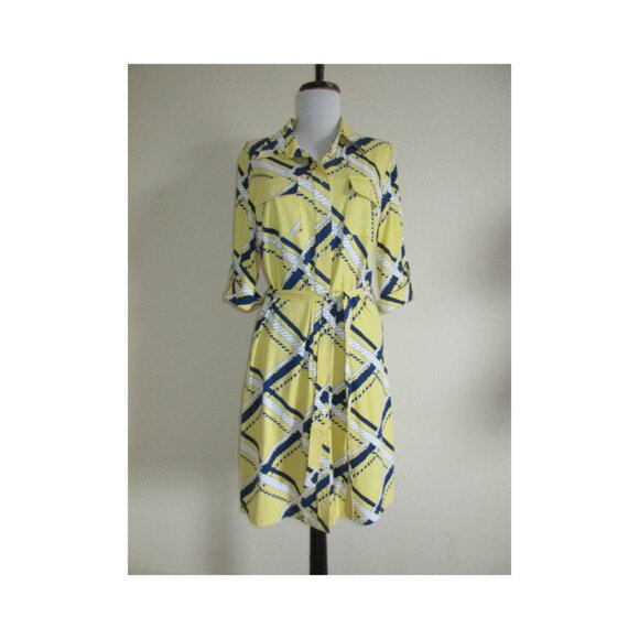 J. McLaughlin Waist Tie Shirt Dress Yellow Blue & White Rope Print Button Down - Picture 1 of 10